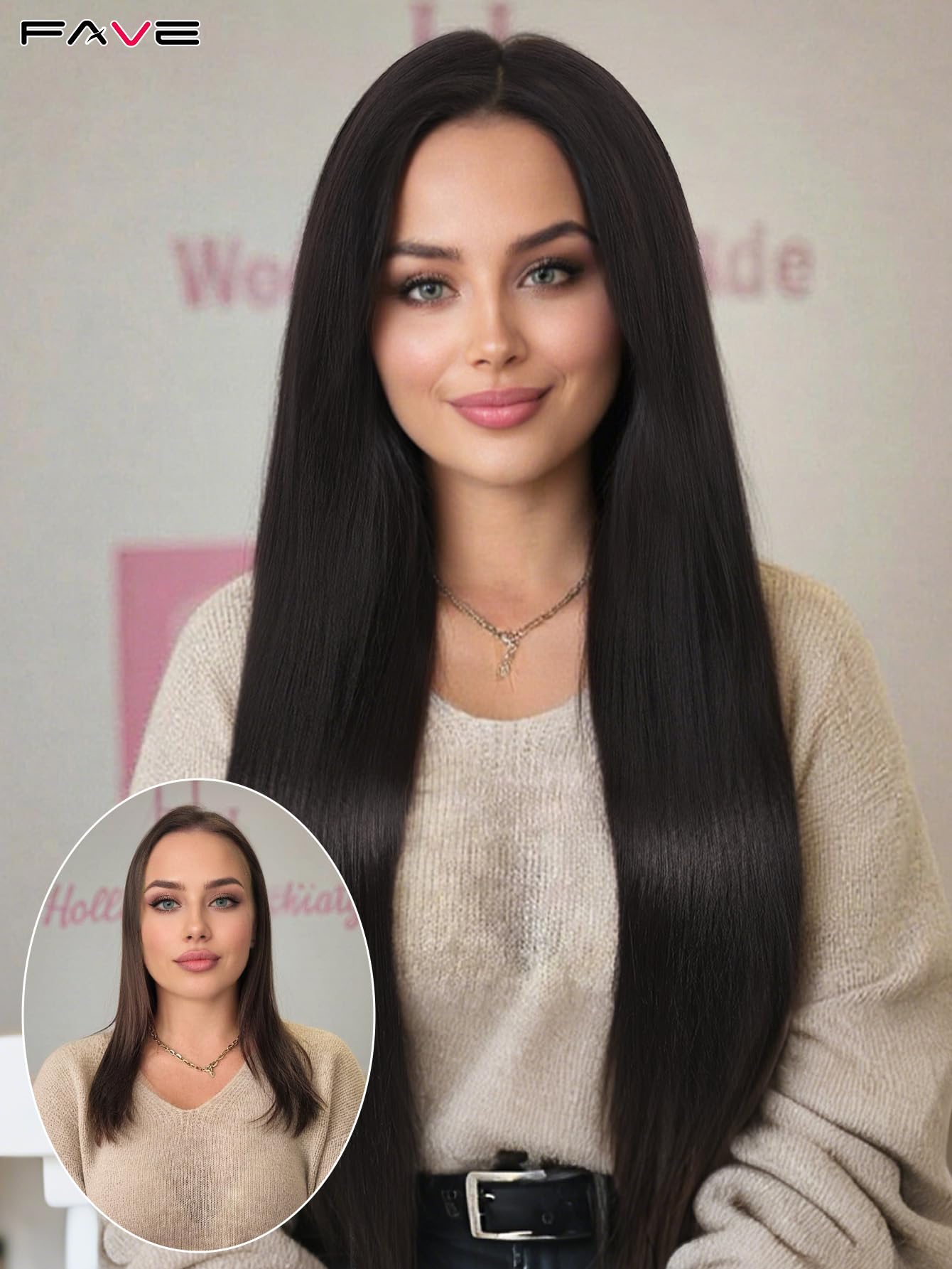 FAVE 13x4 Lace Front Wigs 30” Long Straight Synthetic Wig Pre-Plucked Glueless Brunette Wig for Daily Use Chocolate Brown Wig Beginner Friendly