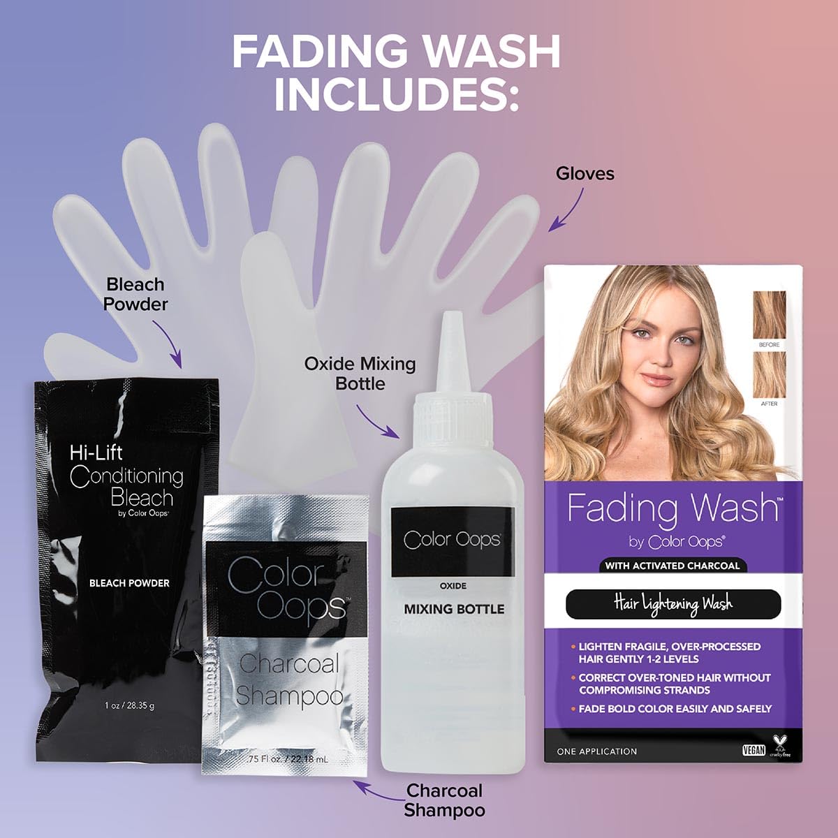 Color Oops Fading Wash Kit with Activated Charcoal, Hair Lightening Wash Gently Fades Processed Hair, Lifts 1-2 Levels of Bold Color and Brightens Tone, Vegan & Cruelty Free