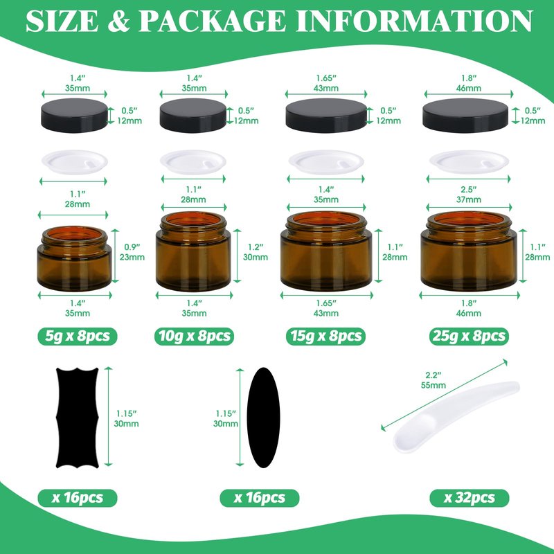 Yauhar 192Pcs 5g 10g 15g 20g Amber Glass Jars Assorted Kit with Black Lids, Inner Liners, Spoons and blank labels for Storing Lip and Body Scrub, Bath Salts, Lotion, Body Butter