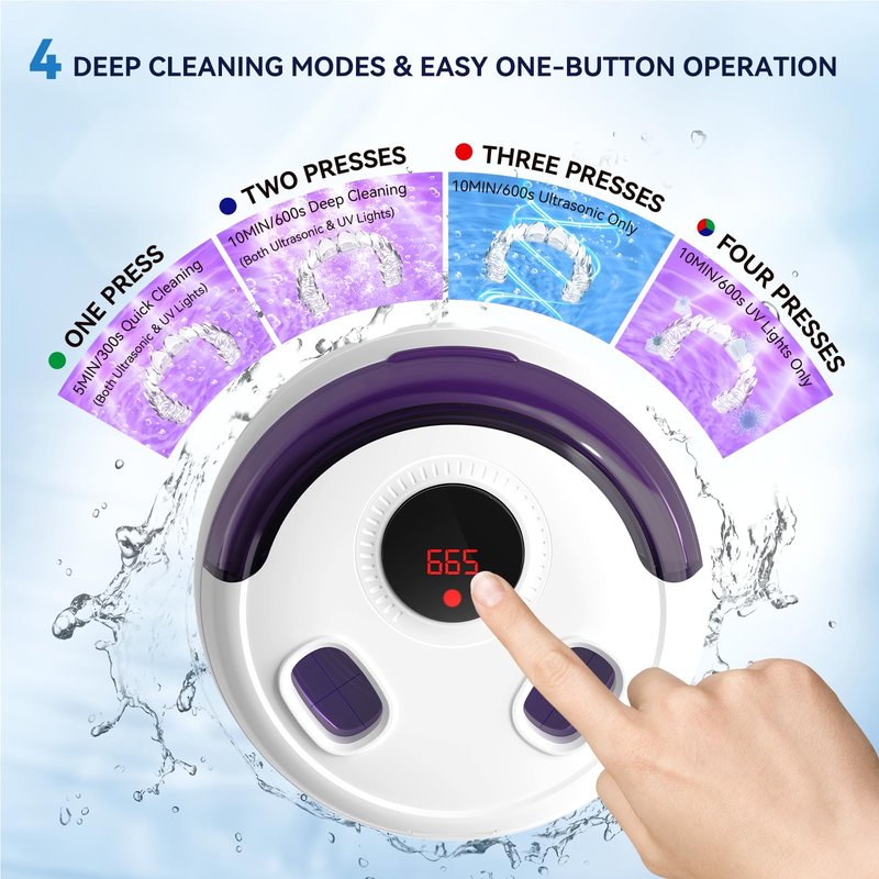 Hosoote Ultrasonic Retainer Cleaner Machine - 45kHz dental pod ultrasonic cleaner for retainers, Denture, Mouth Guard, Aligner, Braces - Denture cleaner machine with 4 Modes & Digital Timer