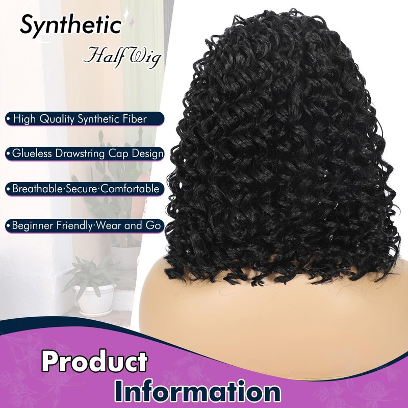DEYNGS Synthetic Half Wig, Kinky Curly 3 In 1 Wigs For Black Women, Seamless Flip Over Half Wigs Glueless Wear and Go Beginner Friendly Drawstring Headband Wig for Women