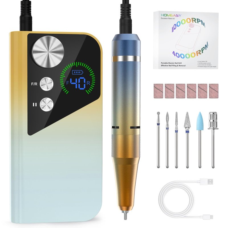 HOMEASY Nail Drill 40000RPM - Rechargeable Nail File with Bits, Professional E-Filer for Acrylic Nails, Gel Polishing, Manicure & Pedicure E File with Large HD LCD Screen - M96 Yellow