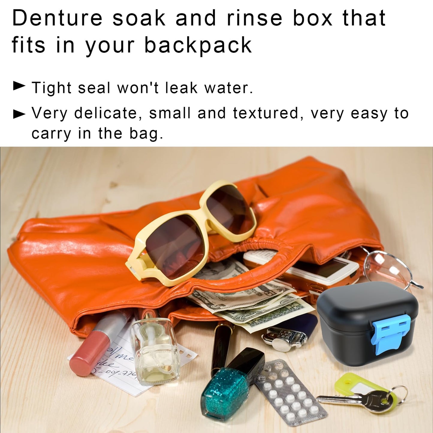 BVN Leak-Proof Denture Case, Denture Cup for Soaking Dentures, Retainer Cleaning Case Black and Bule Dent