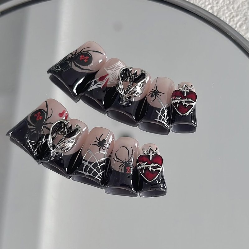 Halloween Luxury Press on Nails Short Duck Handmade 3D Unique Reusable ABS Material Fake Nails Black French False Nails with Designs Spider Web Bat Charms Glossy Glue on Nail Thick Acrylic Nail(S)