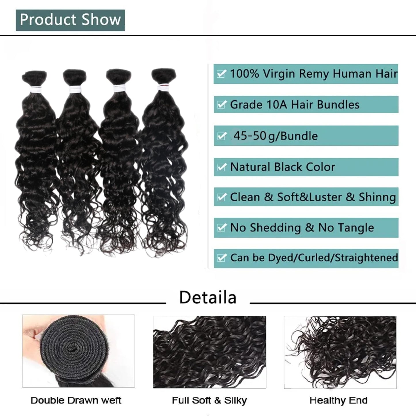 Czrleaty Water Wave Human Hair Bundles, Unprocessed Wet and Wavy Hair 4Bundles 200g, 12 Inch Brazilian Deep Curly Wave Human Hair Extensions