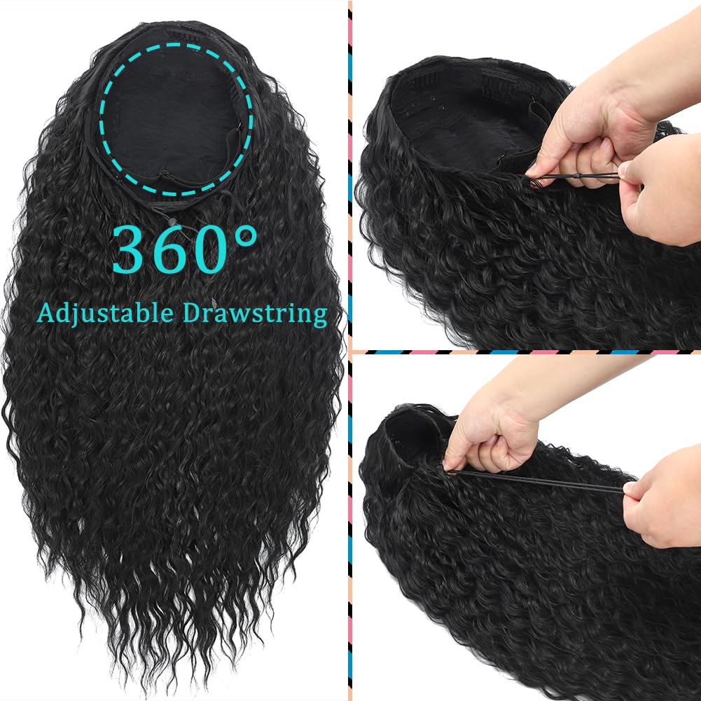 MARYLING Deep Water Wave Half Wig 3 In 1 Wear and Go Headband Wig Drawstring Seamless Flip Over Deep Curly Half Wigs Beginner Friendly Synthetic Half Wig for Black Women Natural Black 26 Inch