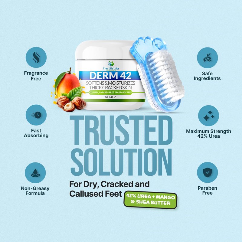 Free Life Labs - Urea Cream for Feet - Maximum Strength 42% Foot Cream for Calluses and Dry Feet - Free Pumice Stone and Brush - Shea and Mango Butters-Paraben Free-Fragrance Free- 4oz.