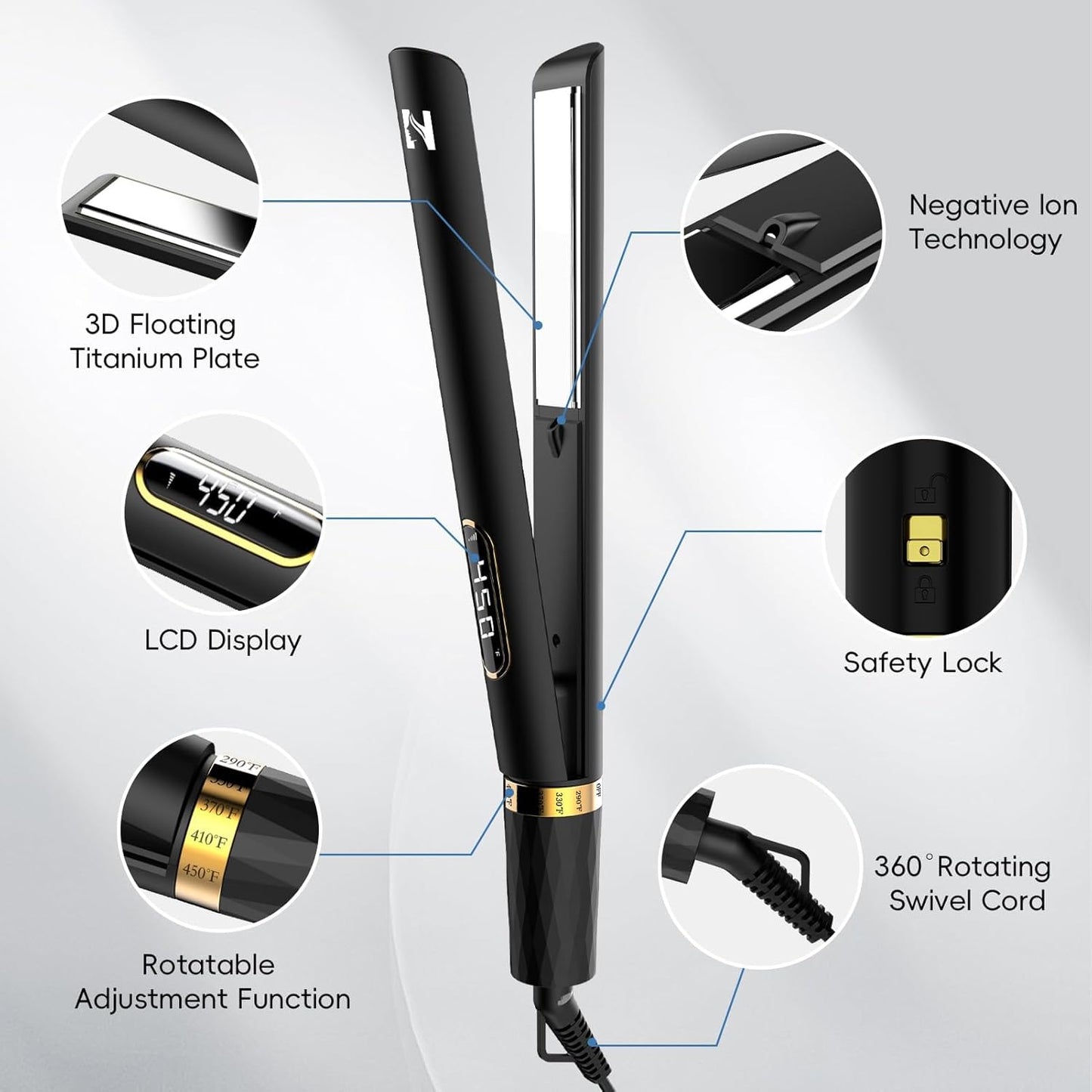 Flat Iron Hair Straightener - 1 Inch Titanium Curler with Fast Heating & 5 Temp Settings | Travel-Friendly Design