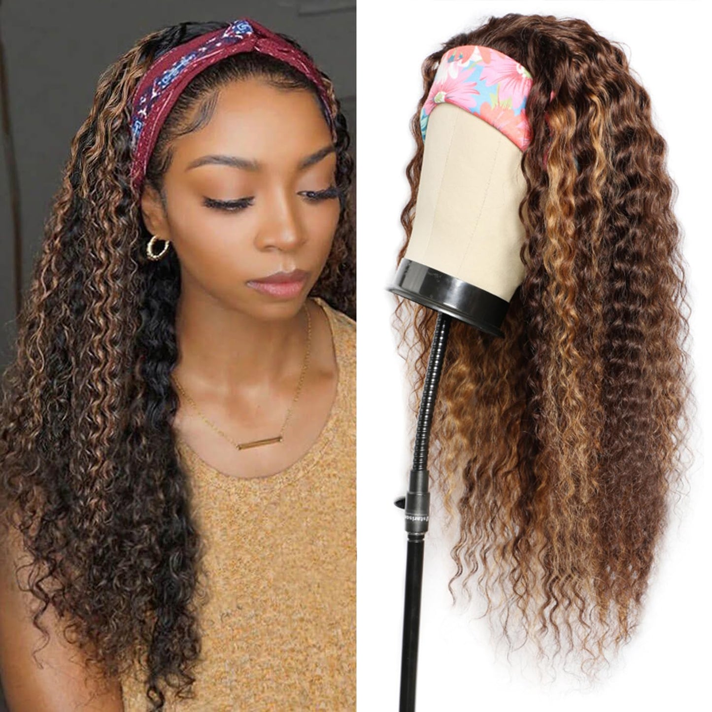 Aiterina Deep Wave Human Hair Wig Highlight Ombre Highlight Curly Human Hair Wig Headband Wigs for Black Women None Lace Front Wigs 150% Density 4/27 Highglight Wig 150% Density 8 inch