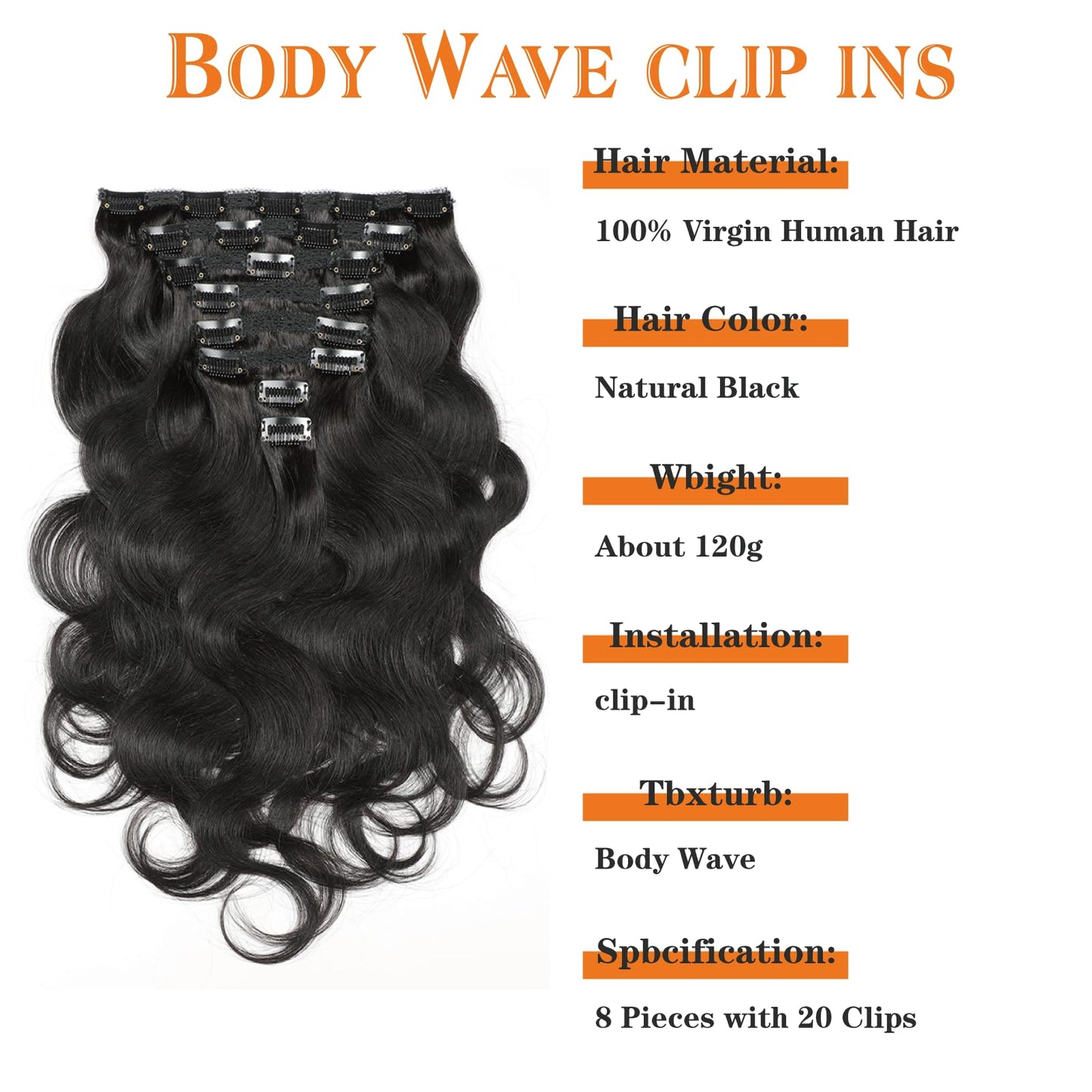 Yacurcur Body Wave Clip Ins Human Hair 8Pcs/Set 120 Gram Body Wave Clip in Hair Extensions 10A Brazilian Virgin Human Hair for Black Women Natural Black Color 16 Inch