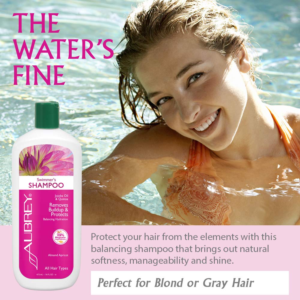 Aubrey Swimmers Shampoo | Removes Chlorine & Buildup, Protects | Jojoba Oil & Quinoa Protein | All Hair Types | 75% Organic Ingredients | 16oz