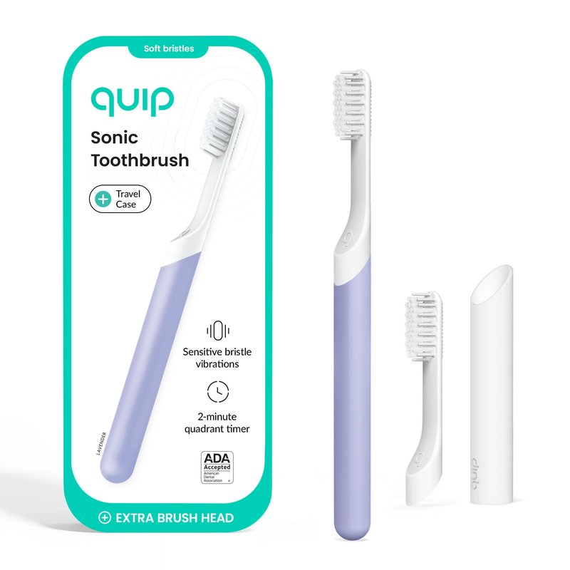 Quip Sonic Electric Toothbrush for Adults with Timer - Includes Travel Case & Replacement Brush Head - 3 Month Battery Life, Plastic Handle - Lavender