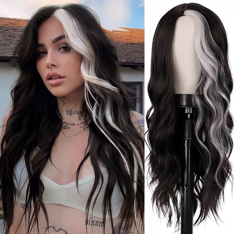 Long Wavy Black and White Wig - 26 Inch Middle Part Curly Synthetic Hair for Natural Look | Heat Resistant for Daily Wear