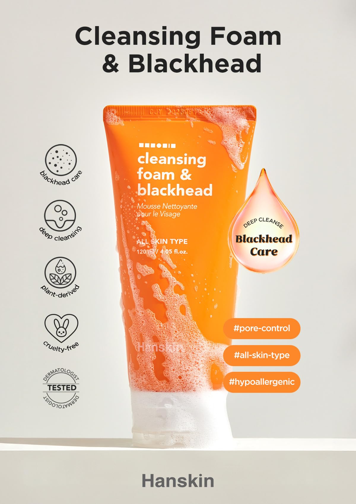 Hanskin Pore Cleansing Foam, Bha Cleanser, Gentle Exfoliating Face Wash and Makeup Remover, Korean Deep Pore Sebum Cleansing for Hydrated and Smooth Skin 4.06 (fl oz)