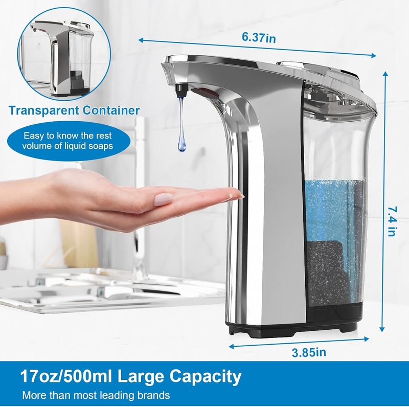Automatic Soap Dispenser - Touchless 17oz Liquid Hand Dispenser with Infrared Sensor | Adjustable Levels, Silver