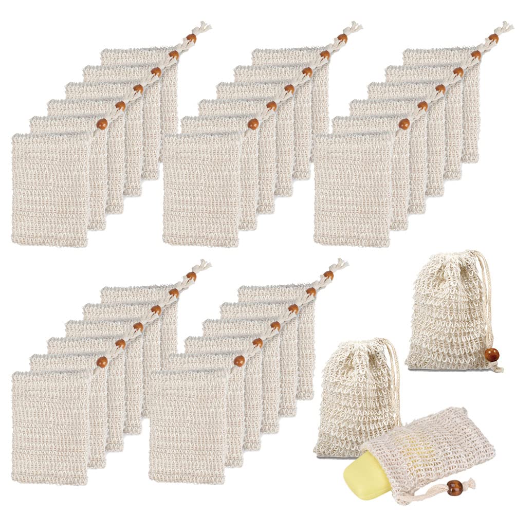 BUYGOO 40Pack Soap Saver Bag Exfoliating Sisal Soap Pouch with Drawstring Bar Wooden Bead Foaming and Drying Exfoliating Net for Bath and Shower