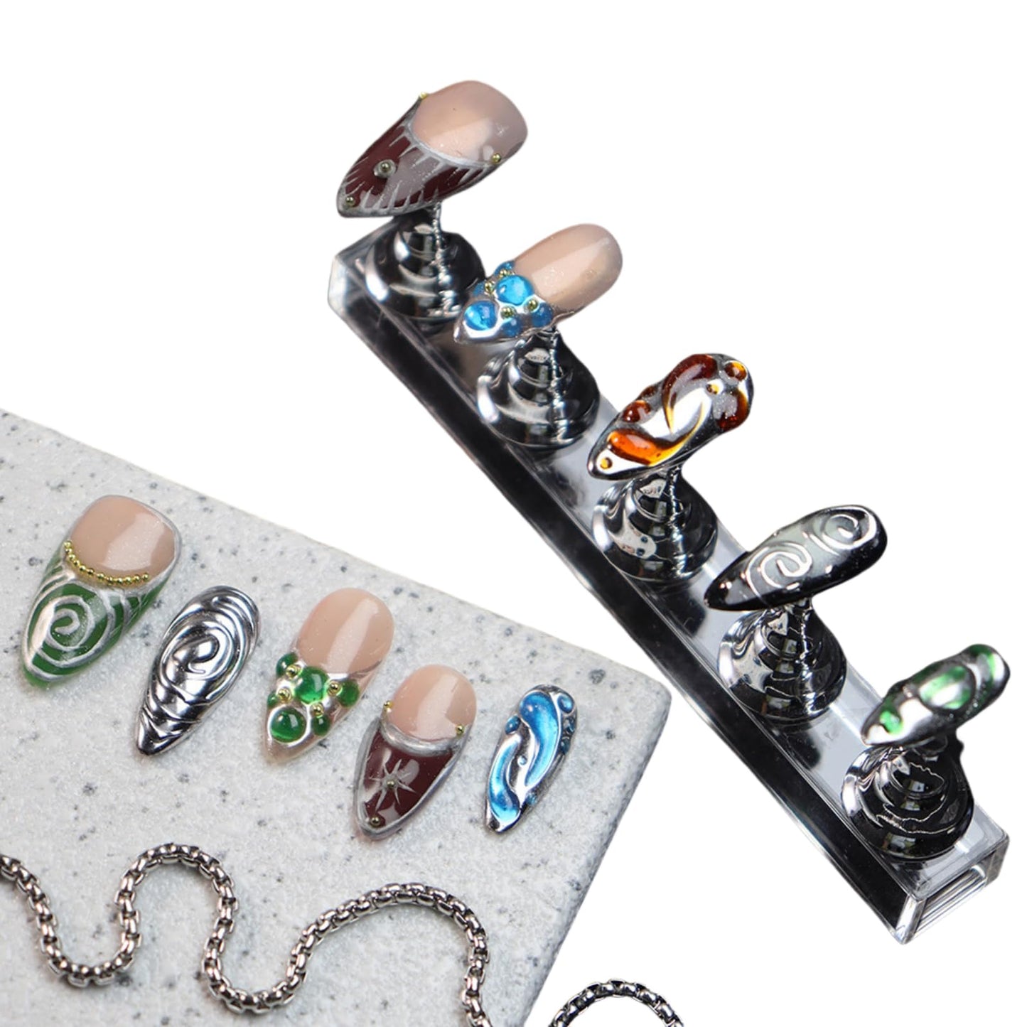 Almond Press on Nails Handmade Medium Long/Stiletto 3D Flower Fake Nail with Designs, Women Reusable False Nails (French Tip Silver, M)