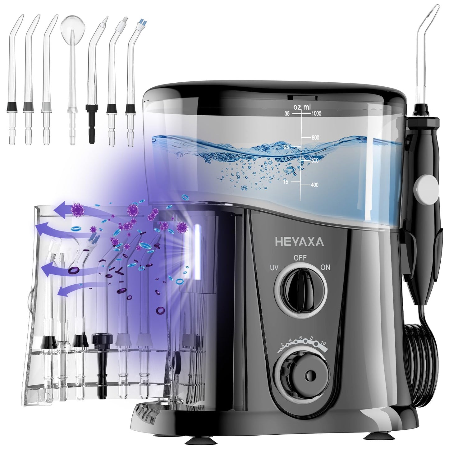HEYAXA Water Dental Flosser for Teeth Cleaning with 1000ML Large Capacity and UV Storage, 10 Adjustable Pressure Electric Oral Irrigator with 7 Jet Tips, Gifts for Dental Health Seekers