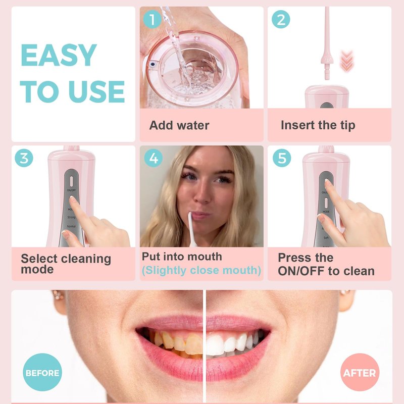 GOLDANT 2026 New 350ML Water Dental Flosser Teeth Pick with Bag, 5 Modes Portable Cordless Oral Irrigator Cleaner, Electric Rechargeable IPX7 Waterproof for Home Travel Teeth Cleaning Flossing (Pink)