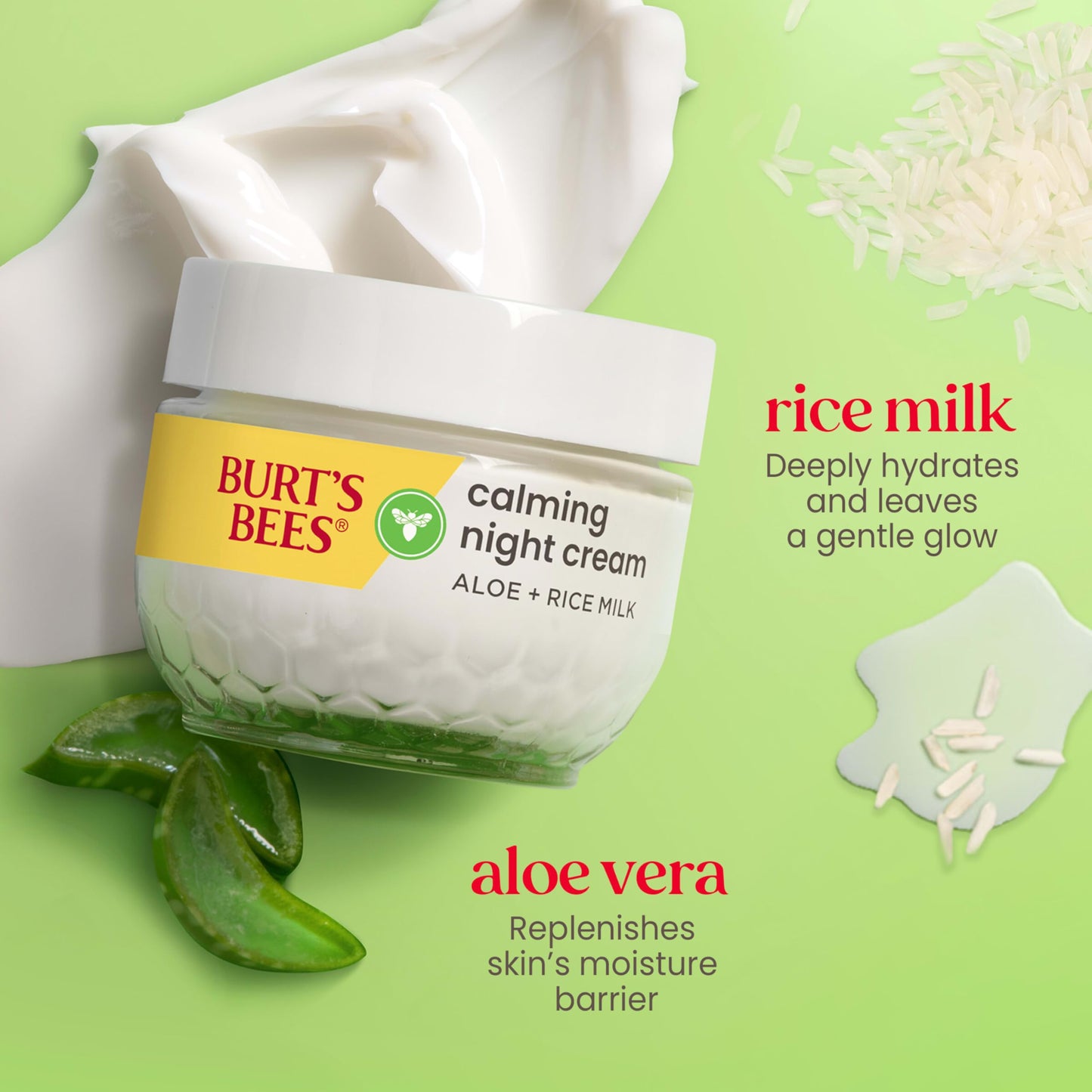 Burt's Bees Calming Night Cream With Aloe and Rice Milk, Face Moisturizer For Sensitive Skin Infuses Skin With Moisture While You Sleep, 98.8 Percent Natural Origin Skin Care, 1.8 oz. Tub