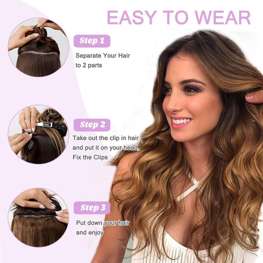 Ombre Brown Clip in Hair Extensions - Natural Black to Caramel Brown - One Piece - Human Hair - 18 inch - 3/4 Full Head - Curly Remy Body Wave - 80G - 5 Secire Clips