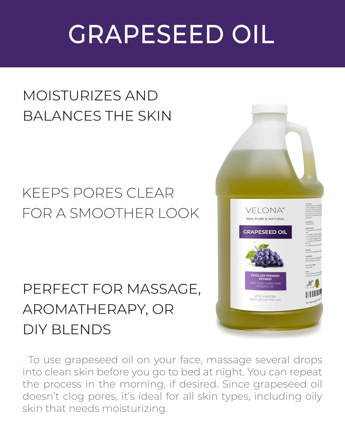 Grapeseed Oil - 100% Pure Natural Carrier Oil for Skin, Face, Body & Hair Care - 64 fl oz