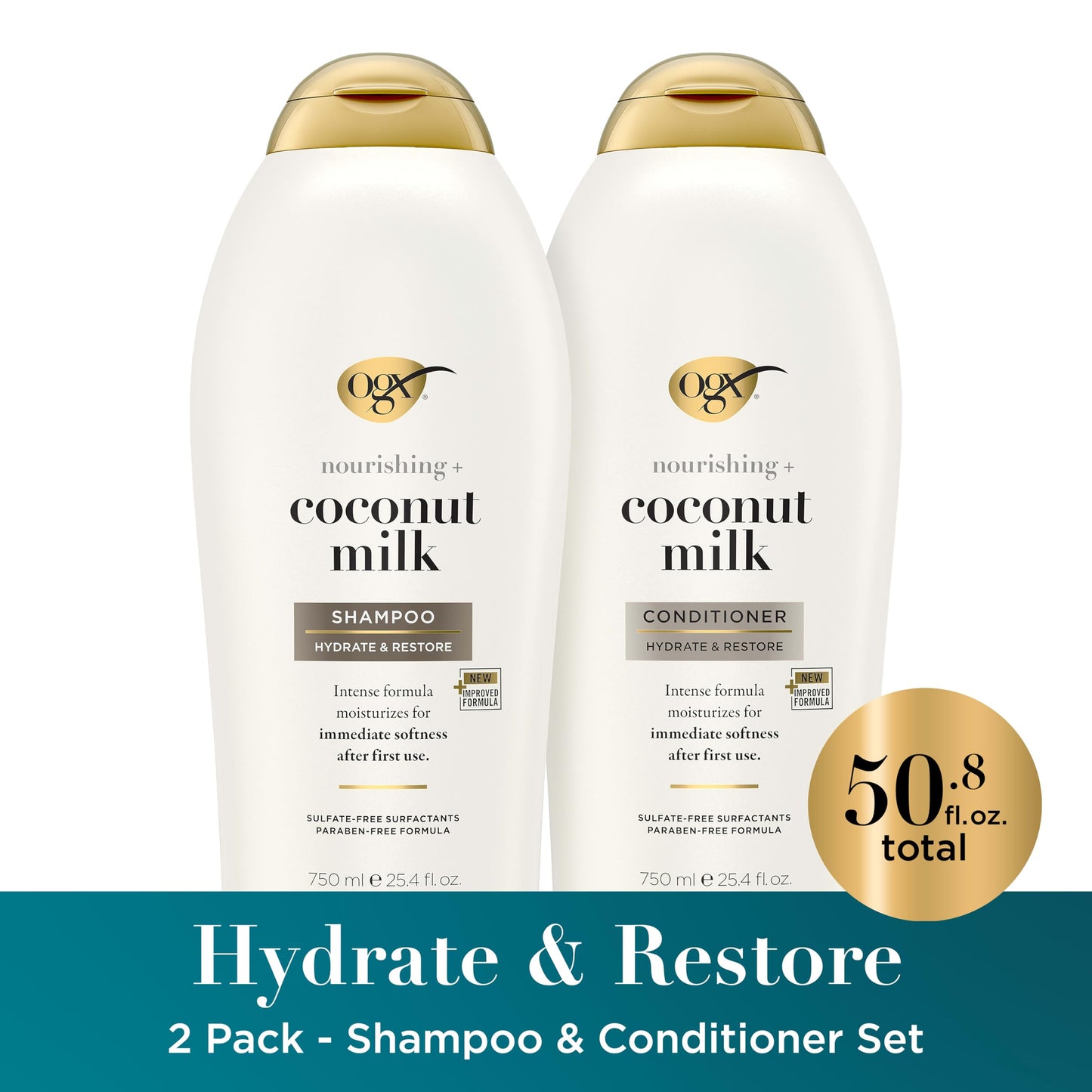 OGX Shampoo and Conditioner Set, Nourishing + Coconut Milk, Shampoo and Conditioner for Moisturizing & Strengthening Hair Care, Formulated without Sulfated Surfactants, 25.4 FL OZ, 2 Pack