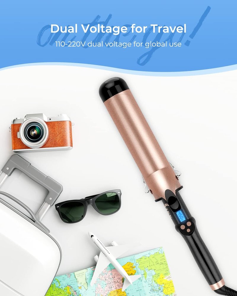 Extra Long Barrel Curling Iron - 2 Inch Ceramic Tourmaline Wand with LCD Display | 10 Heat Settings, Dual Voltage