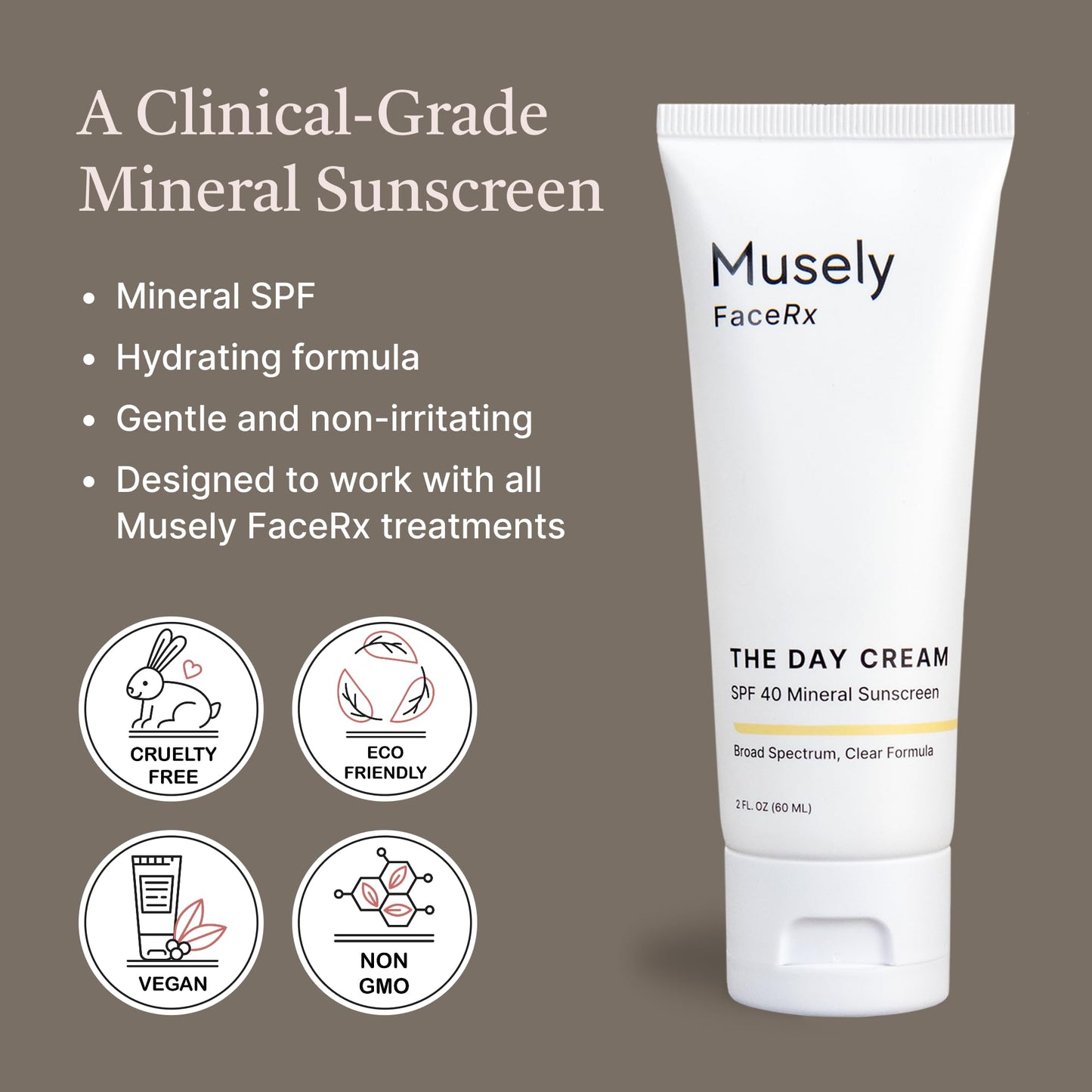 Musely Day Cream Mineral SPF 40, Clinical Grade Sunscreen, Broad-Spectrum, Water Resistant, 2 Fl Oz, Clear Color, 2x Bundle