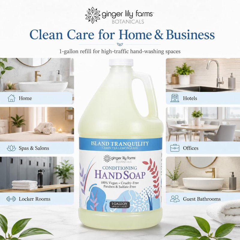Ginger Lily Farms Botanicals All-Purpose Liquid Hand Soap Refill, Island Tranquility, 100% Vegan & Cruelty-Free, Green Tea Lemongrass Scent, 1 Gallon (128 fl oz)