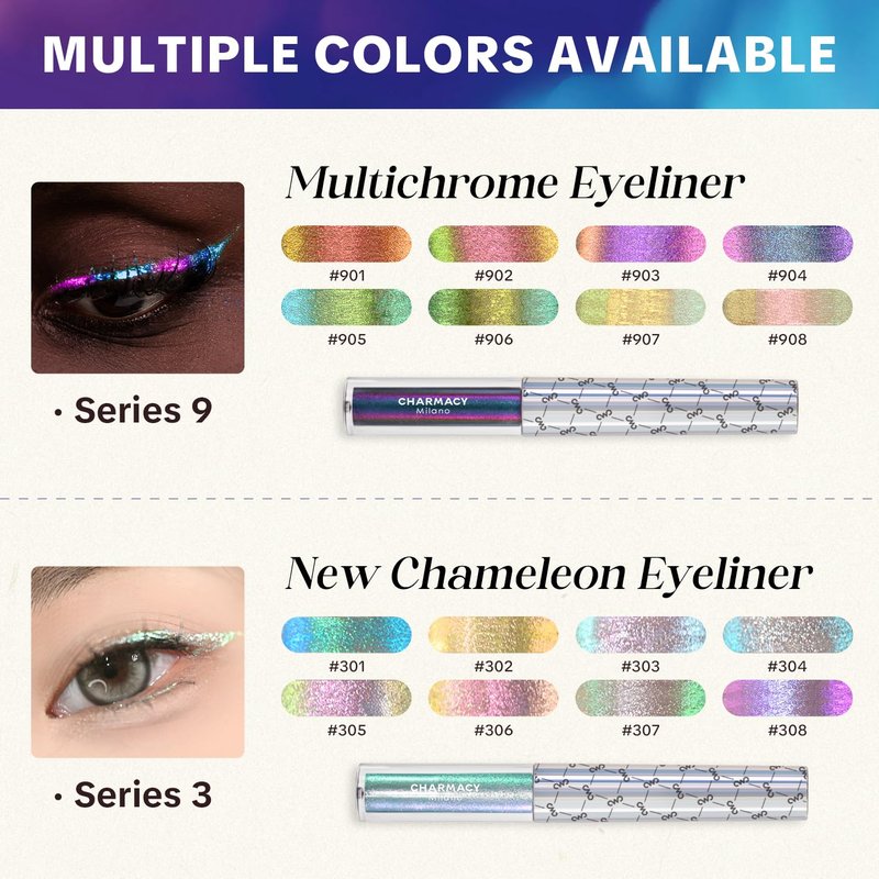 CHARMACY Chameleon Glitter Liquid Eyeliner, Metallic Shade Color Shift Eye Liner, Highly Pigmented, 24H Long-Lasting, Waterproof and Anti-Smudge, Ultra-Fine Tip, PURPLE GOLD INDIGO 904