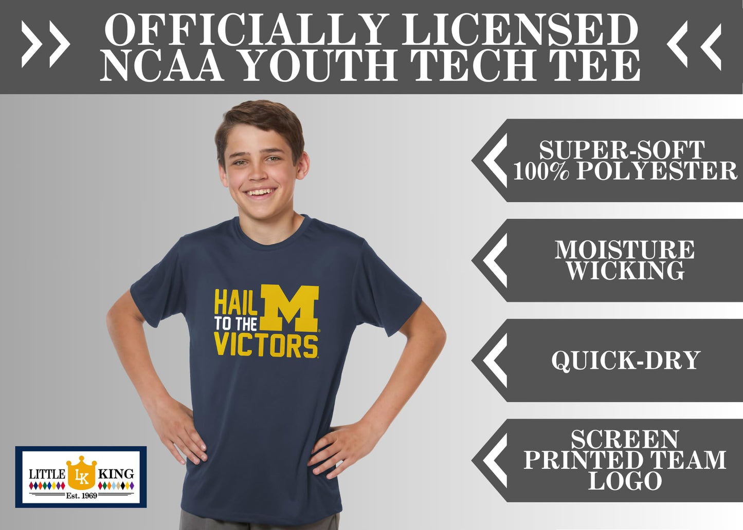 Little King NCAA Boys Youth-Poly Tech T-Shirt-Michigan-Navy-Youth Large