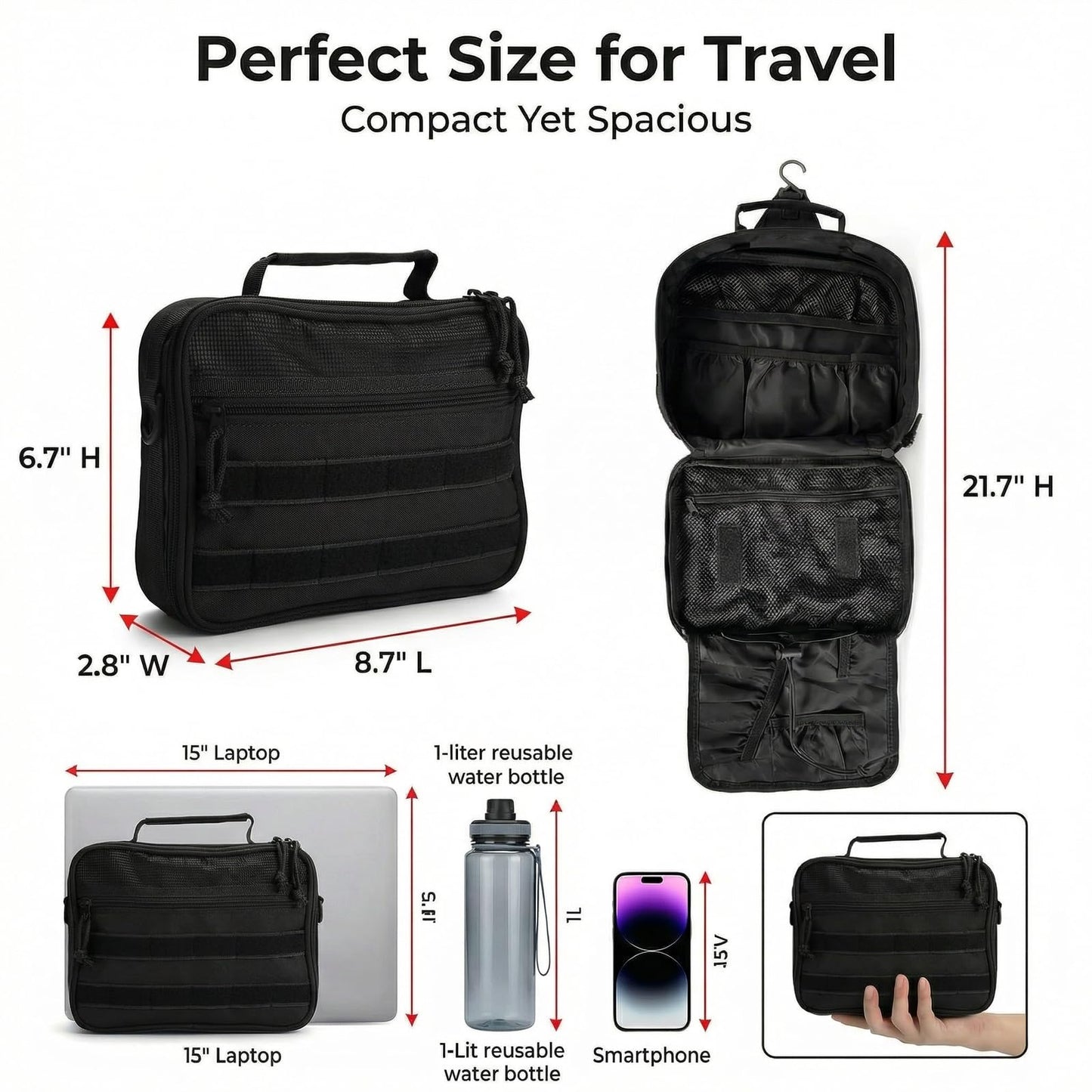GVCELS Mens Toiletry Travel Bag Tactical Toiletry Bag for Men Bathroom Dopp Kit Hanging Travel Toiletry Bag for Men Shaving Hygiene Bag Travel Toiletry Organizer Short Trips Bag, Black