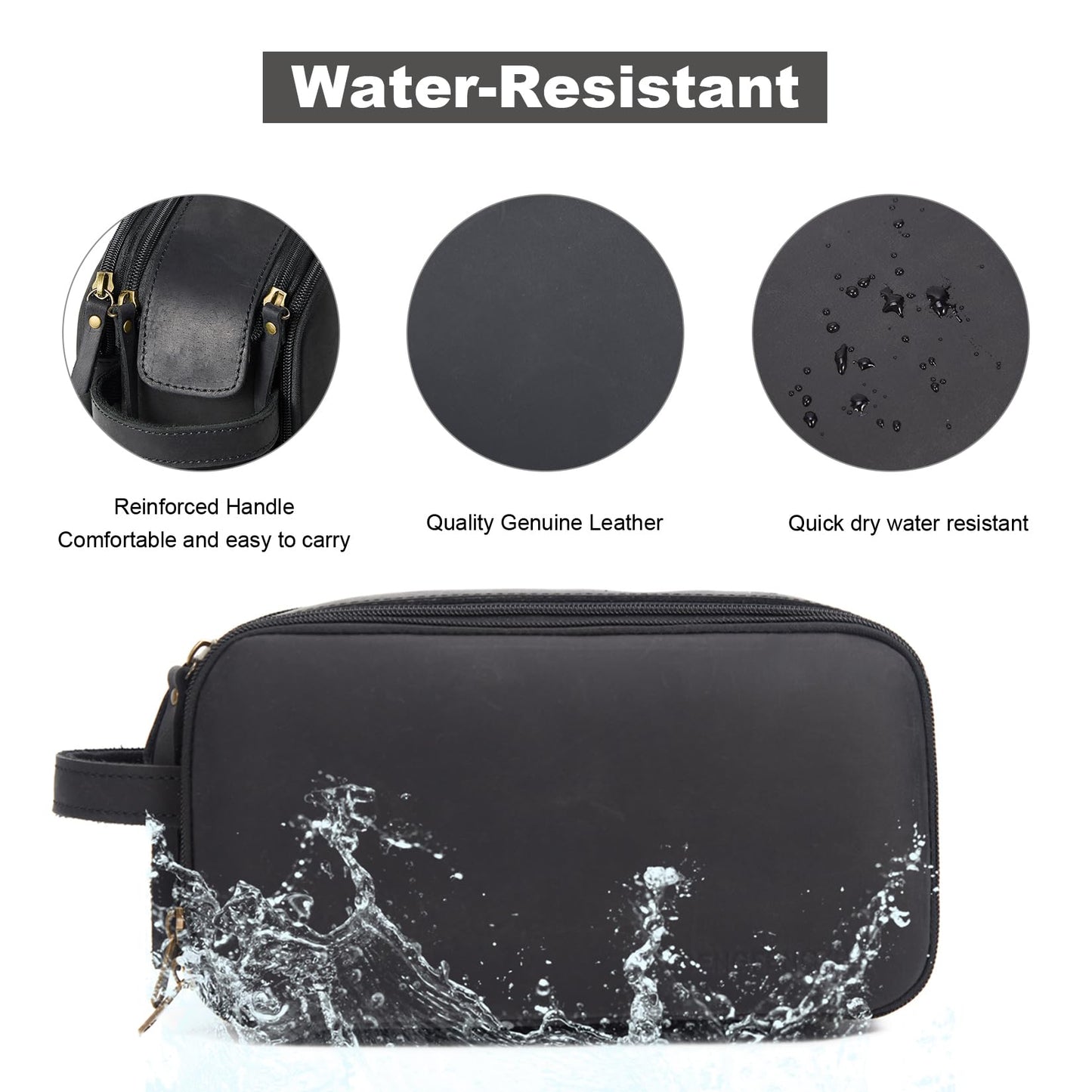 DENGFENGZHE Toiletry Bag for Men, Full Grain Leather Travel Pouch Shaving Dopp Kit Bathroom Toiletries Organizer Bags, Black