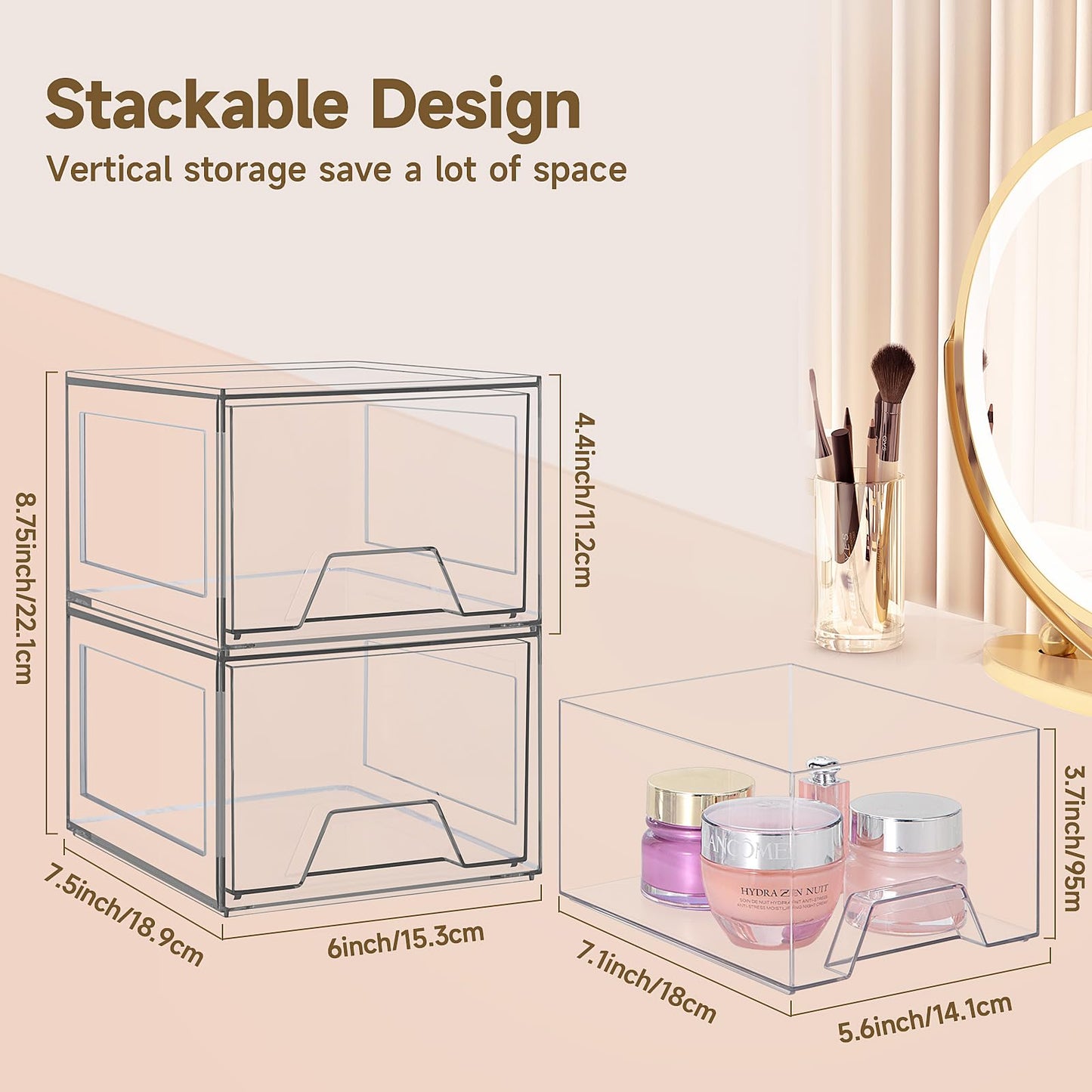 Damomo 4 Pack Stackable Organizer Drawers, 4.4" Tall Clear Bathroom Makeup Organizer and Storage, Acrylic Small Organizers Bins for Vanity, Undersink, Bathroom, Pantry, Kitchen Cabinets
