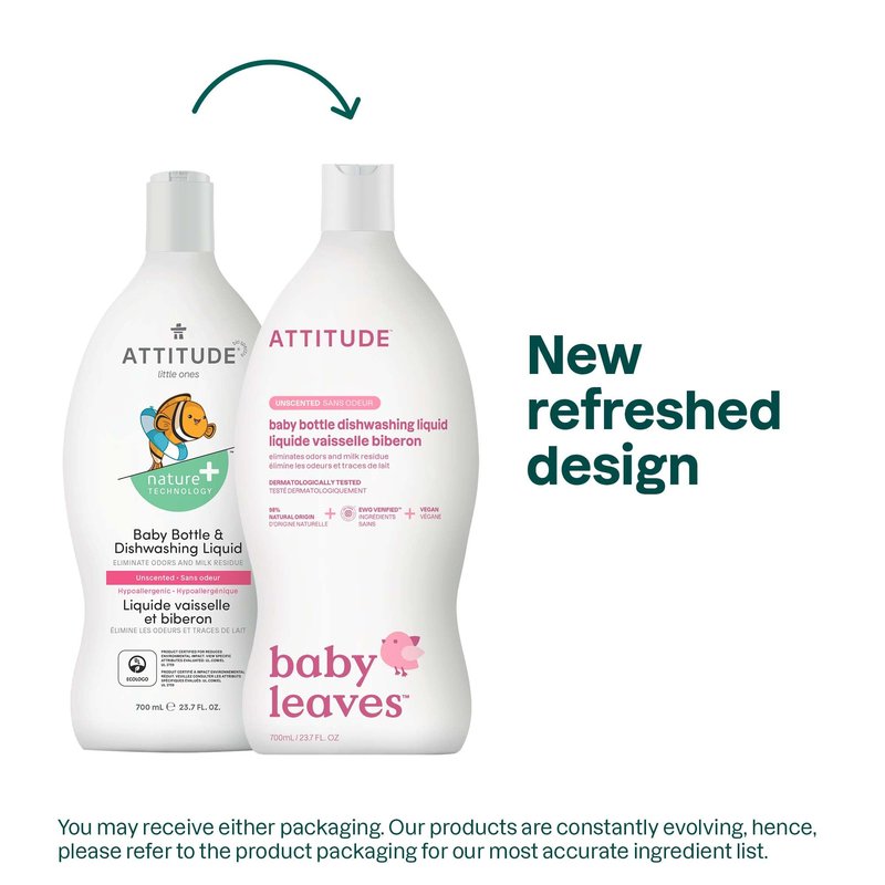 ATTITUDE Baby Bottle & Dish Soap, EWG Verified Bottle Cleaner, Fragrance Free & Dye Free, Removes Milk Residue & Grease, Vegan, Unscented, 23.7 Fl Oz
