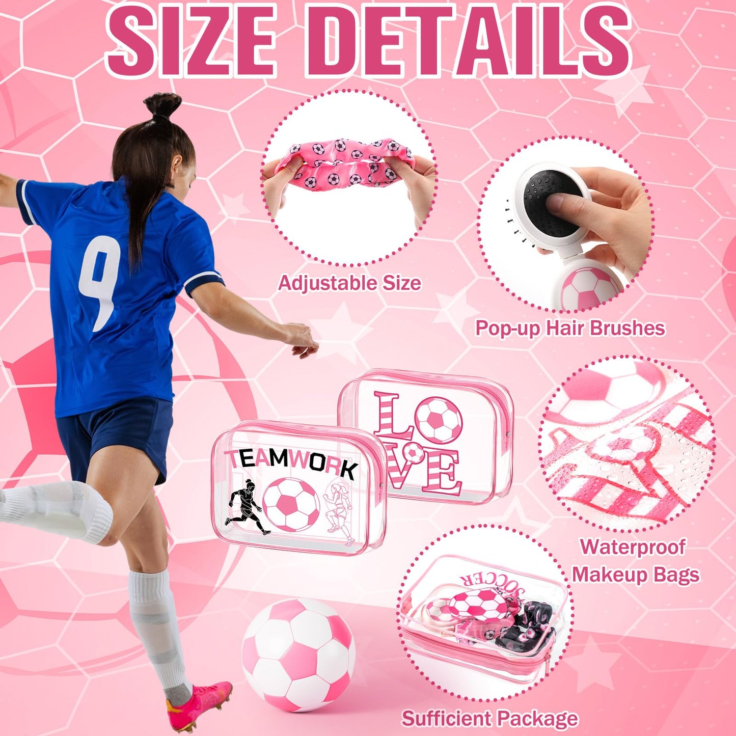 Sunnymove 36 Pcs Pink Soccer Gifts for Women 12 Pink Soccer Makeup Bag Bulk Cosmetic Bag Sport Team Gifts with 12 Sport Hair Scrunchies 12 Round Portable Folding Brush Mirror for Coach Team Party