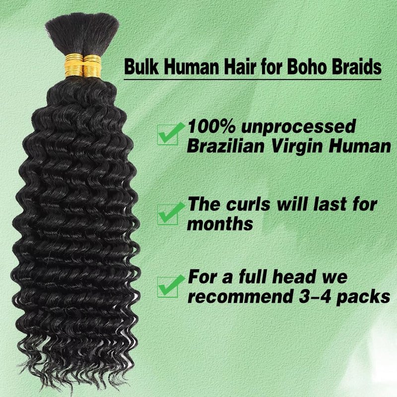 Human Braiding Hair 2 Bundles 100g 14 Inch Deep Wave Bulk Human Hair for Braid No Weft Curly Braiding Hair Bulk Curly Human Hair for Boho Braids 12A Brazilian Virgin Hair Extensions Natural Color