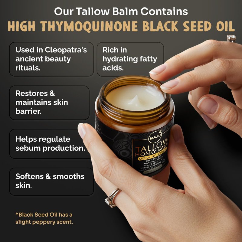 MAJU Tallow Honey Balm, Morning Citrus (2 oz), Grass Fed Beef Tallow for Skin with Organic Black Seed Oil, Manuka Honey and Organic Beeswax, Skin and Face Moisturizer for Deep Hydration