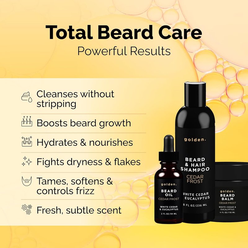 Golden Grooming Beard Bundle - XL Double Size Kit with 8oz Shampoo, 4oz Balm & 2oz Oil | Cedar Frost Scent