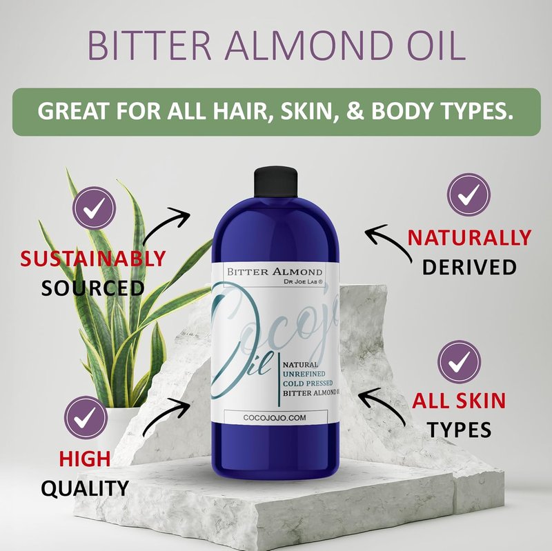 Bitter Almond Oil - Pure Unrefined Cold Pressed Vegan Carrier Oil | 32 oz for Skin, Hair & DIY Cosmetics