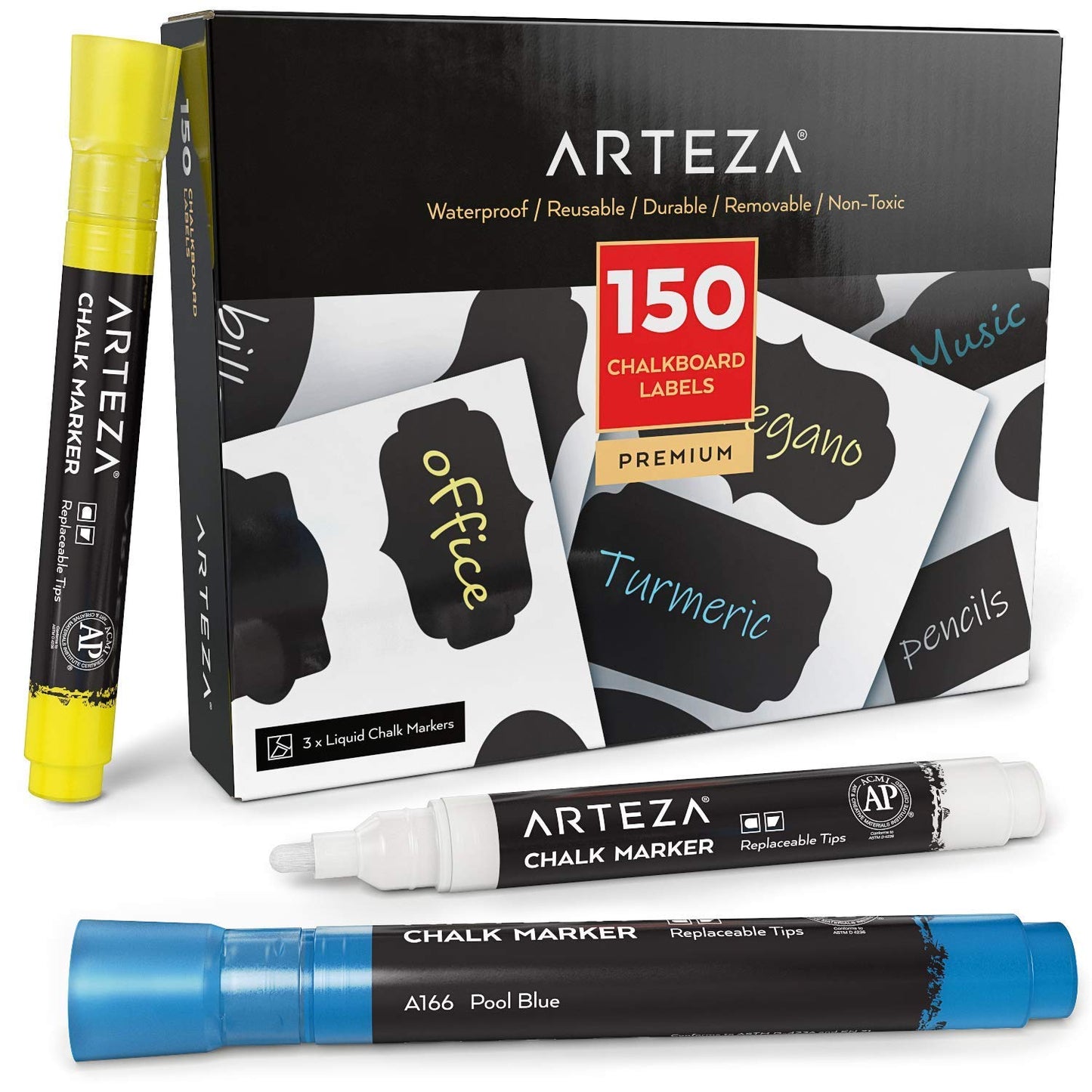 Arteza 150 Chalkboard Labels + 3 Colored Chalk Markers - Removable Chalk Labels for Jars - Waterproof Mason Jar Stickers