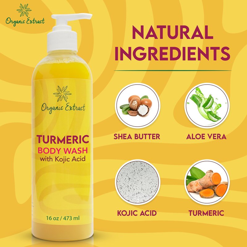 ORGANIC EXTRACT, Turmeric Kojic Acid Body Wash – 16 fl oz / 473ml – Skin Brightening Shower Gel for Deep Gentle Moisturizer, Helps to Remove Dark Spot, with Shea Butter & Aloe Vera