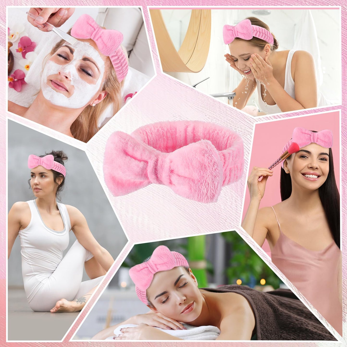 Wavyknot 25 Pcs Pink Spa Headband Bulk Pink Makeup Headbands for Washing Face Cute Bow Hairbands Soft Coral Fleece Hairbands for Women Face Skin Care Makeup Spa Gift Shower Yoga