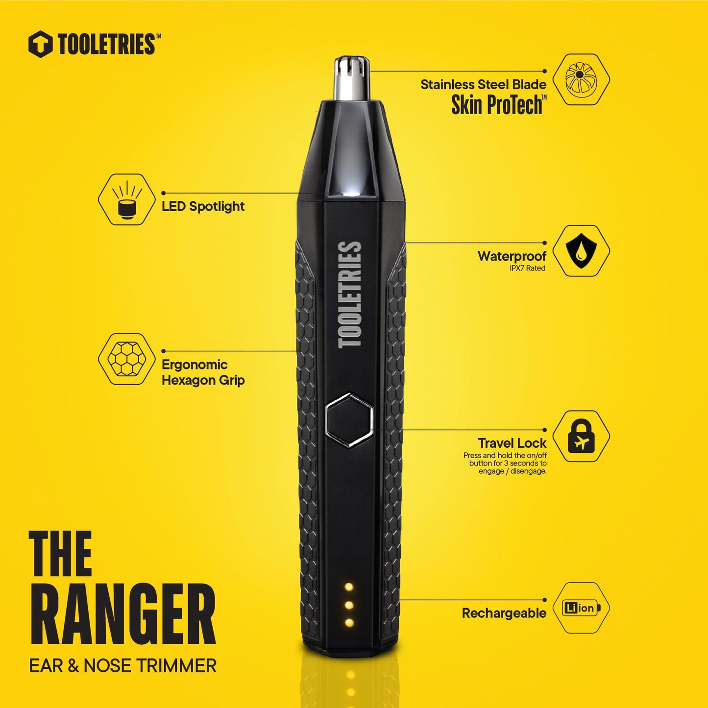 TOOLETRIES The Ranger Electric Nose & Ear Hair Trimmer for Men, Rechargeable Waterproof Trimmer, Stainless Steel Dual-Edge Blades, LED Precision Spotlight, Wet & Dry Grooming, Travel Lock - Black