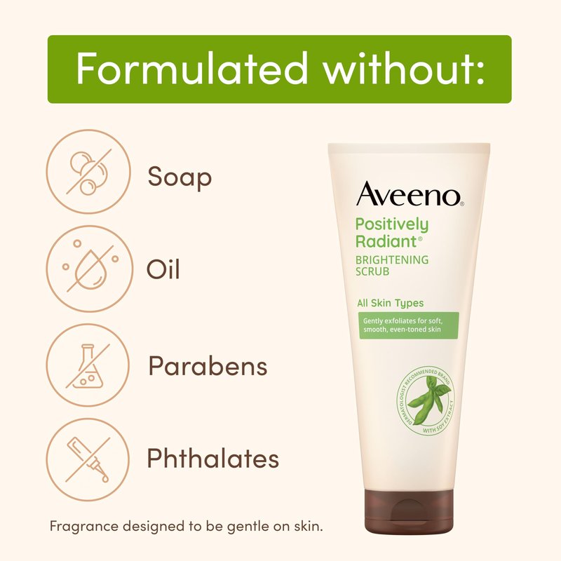 Aveeno Positively Radiant Skin Brightening Exfoliating Daily Facial Scrub, Moisture-Rich Soy Extract, helps improve skin tone & texture, Oil-& Soap-Free, Hypoallergenic, Travel Size, 2 oz (Pack of 6)
