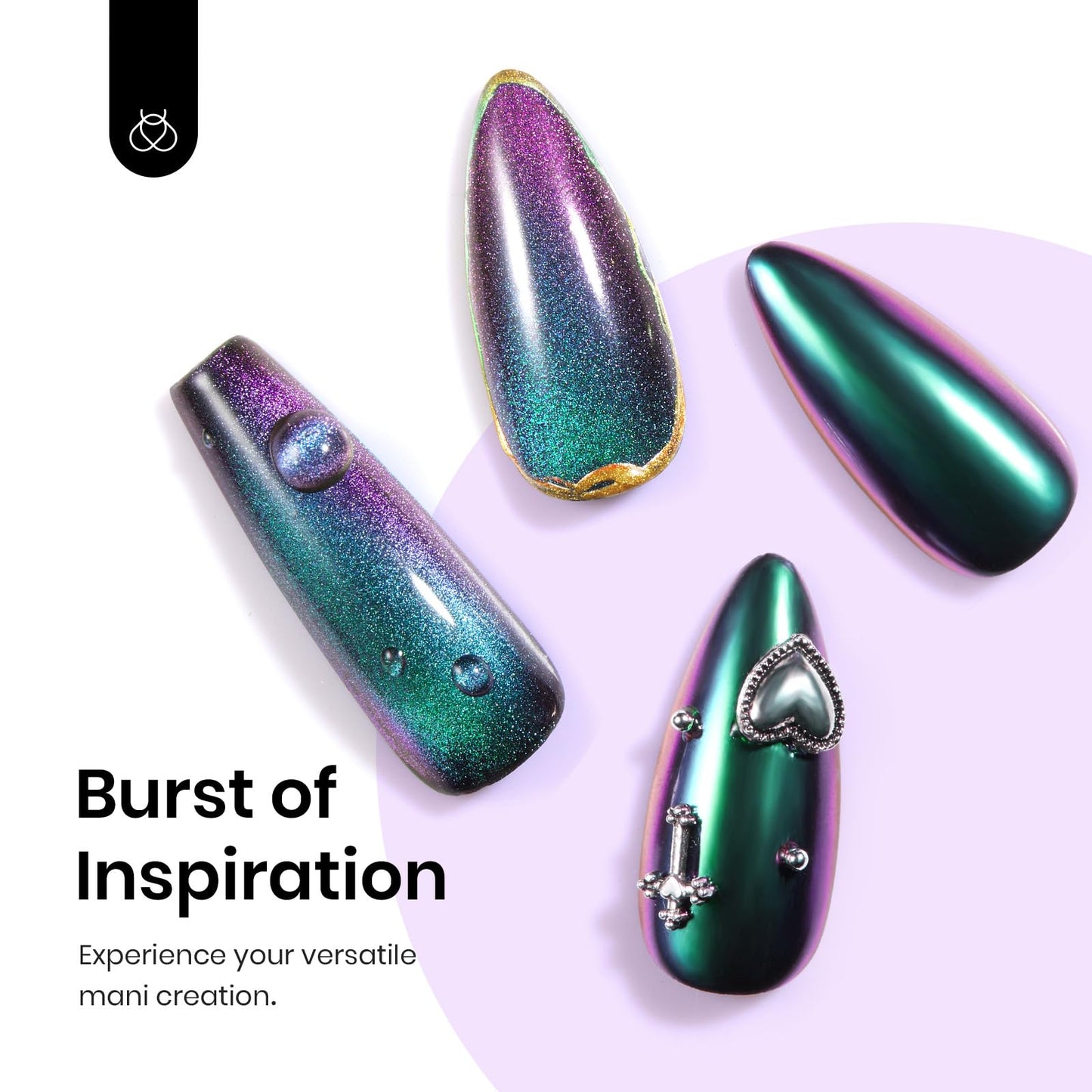 Beetles Cat Eye Chrome Nail Powder Set, 2 in 1 Holographic Metallic Mirror Effect Chameleon Galaxy Powder with No Wipe UV Gel Top Coat Magnet for Velvet Metallic Nail Art
