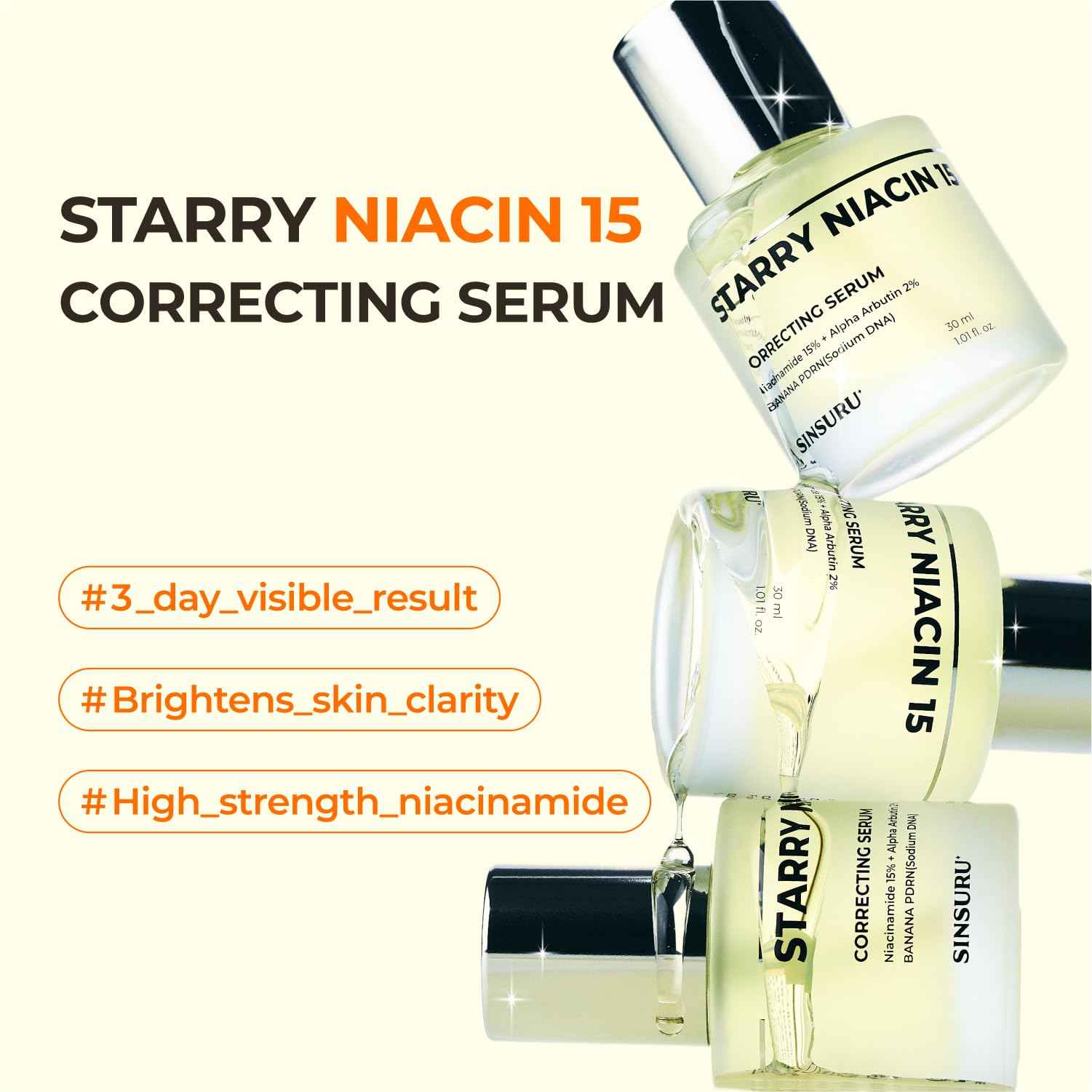 SINSURU 15% Niacinamide + Alpha Albutin + Banana PDRN Starry Niacin 15 Correcting Serum – Potent Brightening Serum for Uneven Tone & Dark Spots, Fragrance-Free | Korean Skincare (1.01 fl.oz / 30ml)