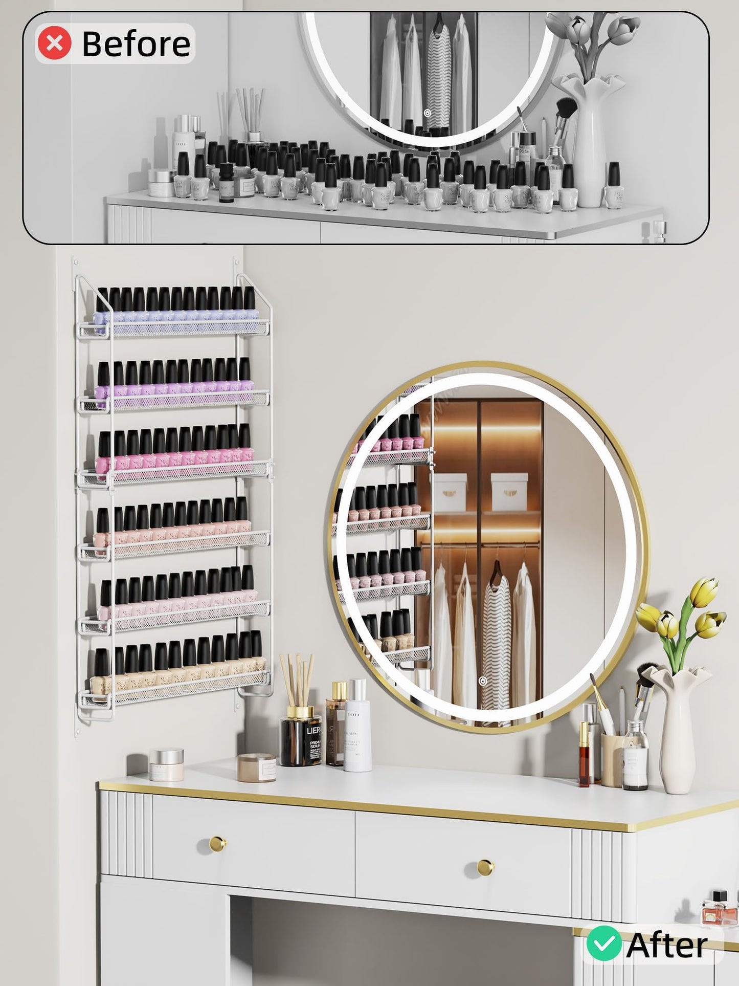 GIGIFTREE Nail Polish Organizer Wall Mounted, 6 Tier Metal Storage Rack Holds 90 Bottles, Multifunctional Organizer for Essential Oils Paint Perfume, White