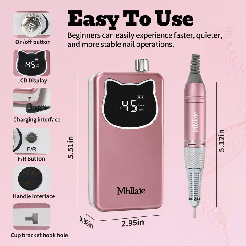 Professional Nail Drill - 45000RPM Electric Portable Efile Kit with 7 Bits | Cordless for Acrylic & Poly Gel Nails (Rose Pink)